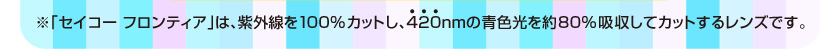 ※「セイコー フロンティア」は、紫外線を100％カットし、420nmの青色光を約80％吸収してカットするレンズです。